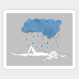 Natula In The Rain · girl laying peacefully beneath a blue storm cloud · simple drawing Magnet